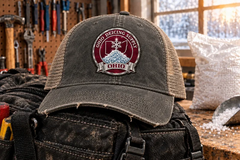 Ohio Deicing Supply trucker cap on a tool bag in a workshop