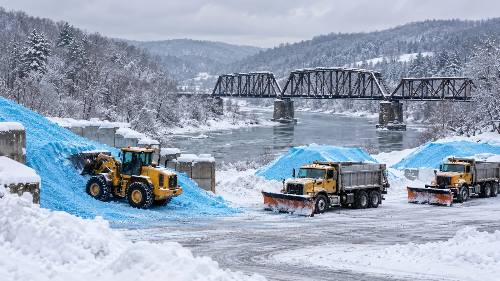 Loader pushing blue treated salt beside a river with a steel truss bridge and dump trucks lined up in the snow